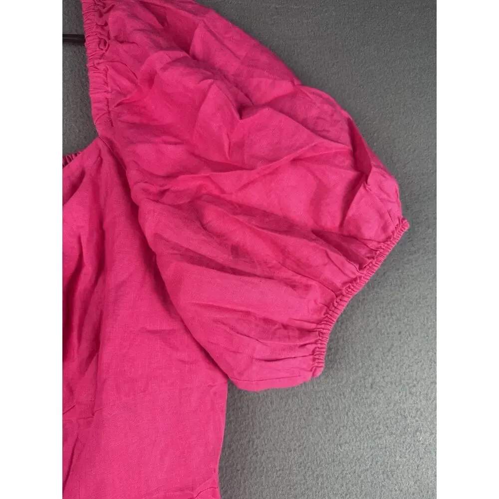 NWT The Drop Womens Nala Hot Pink 100% Linen Mini Dress Puff Sleeve Smocked 2x